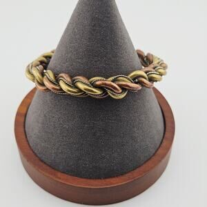 Multi Strand Braided Metal Cuff Bracelet Tri Colored Woven Artsy Stackable Boho